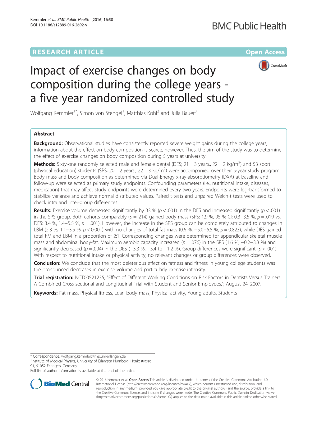Impact of Exercise Changes on Body Composition During the College Years