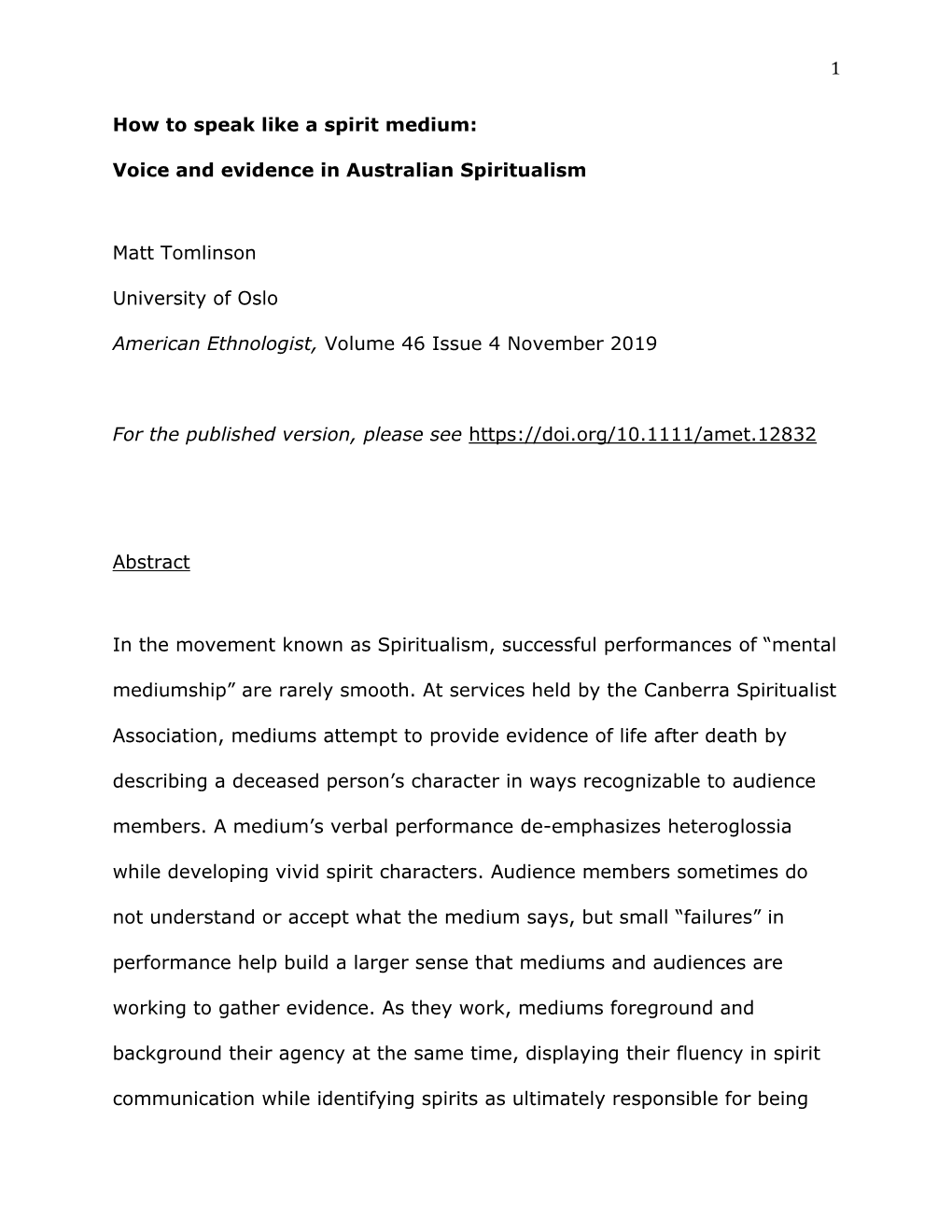 Voice and Evidence in Australian Spiritualism Matt Tomlinson