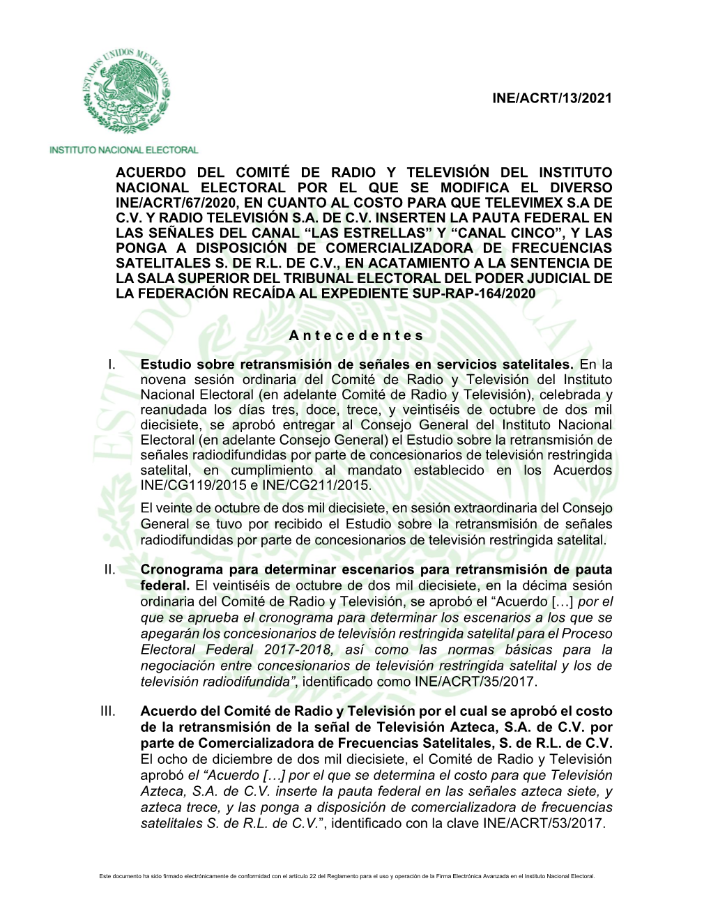 Ine/Acrt/13/2021 Acuerdo Del Comité De Radio Y Televisión