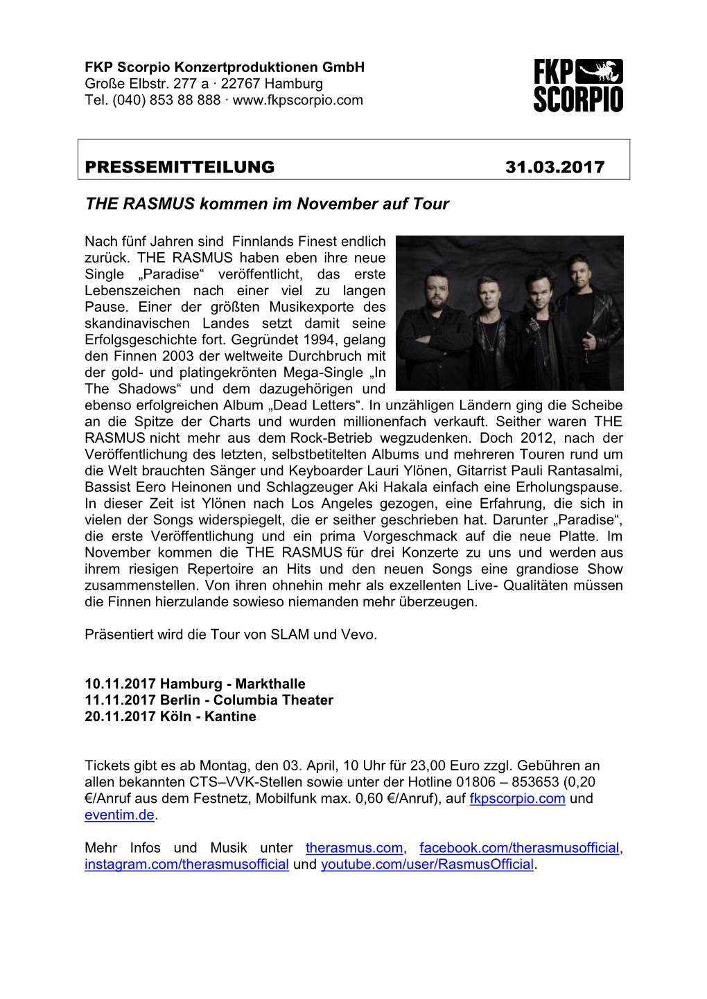 PRESSEMITTEILUNG 31.03.2017 the RASMUS Kommen Im