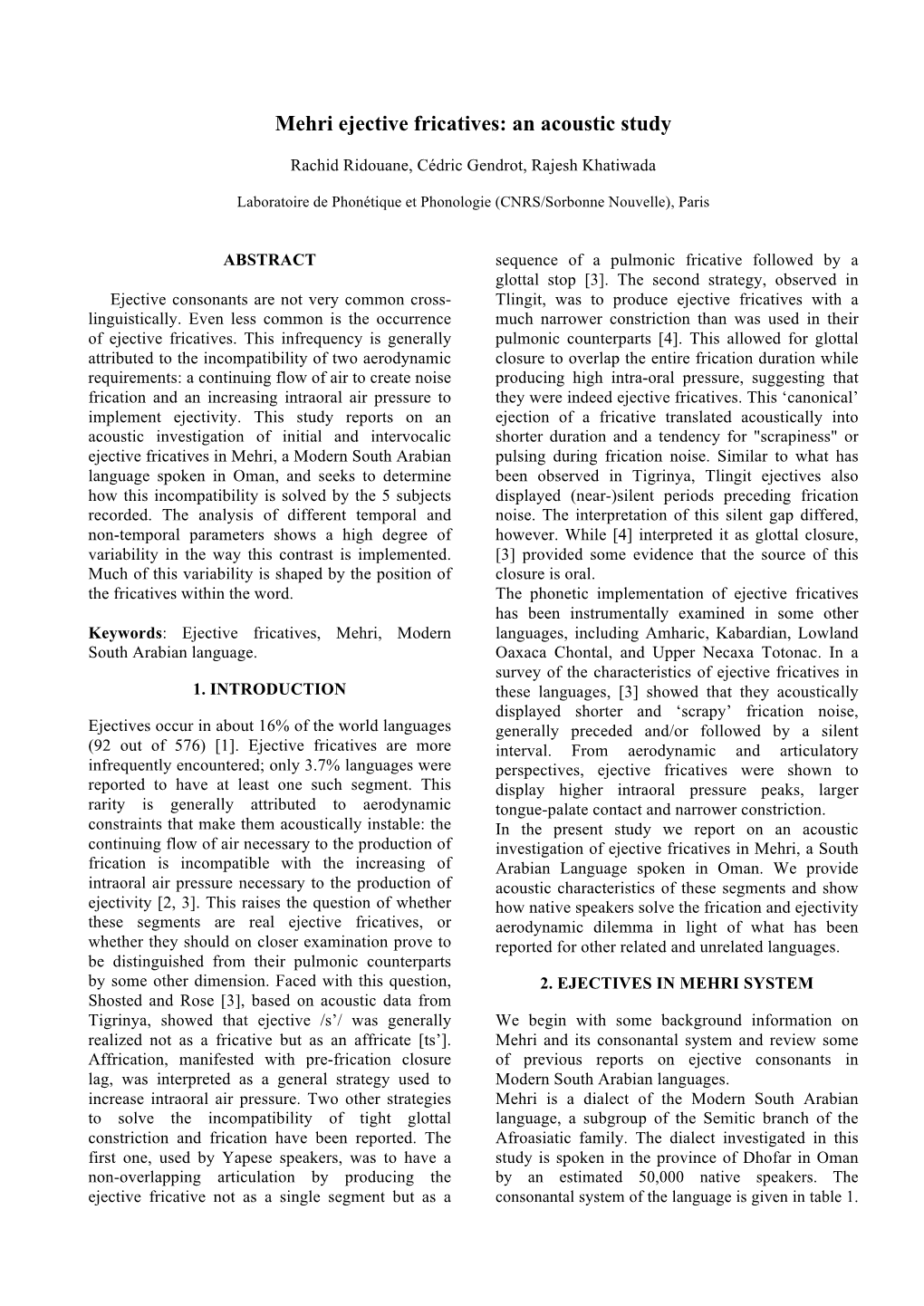 Mehri Ejective Fricatives: an Acoustic Study