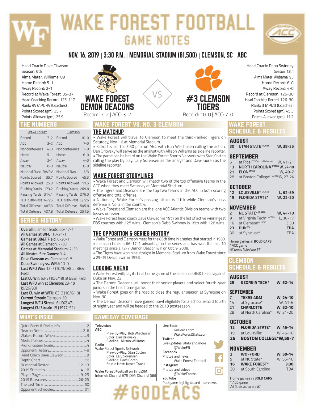 Wake Forest Demon Deacons #3 Clemson Tigers