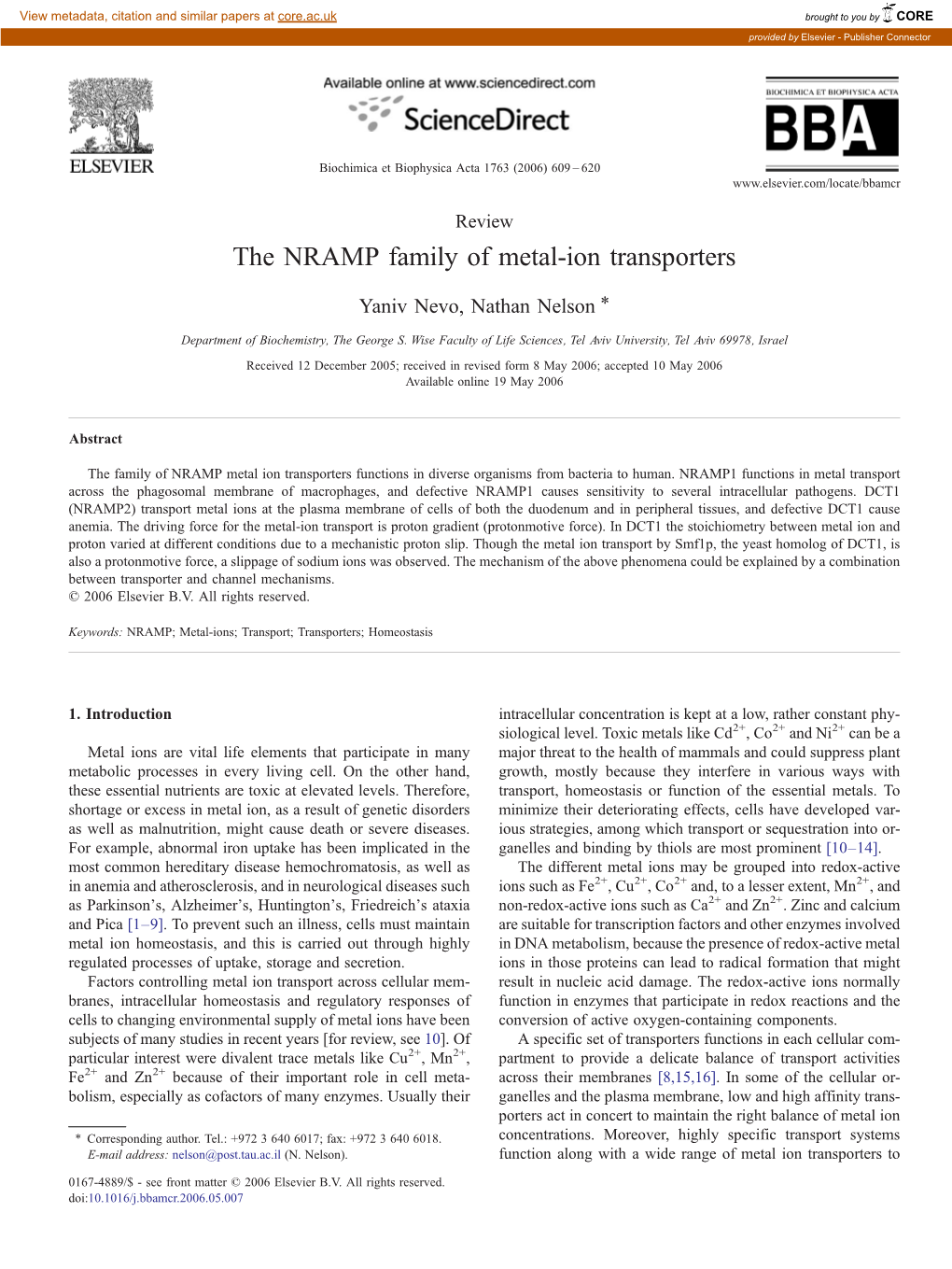 The NRAMP Family of Metal-Ion Transporters ⁎ Yaniv Nevo, Nathan Nelson