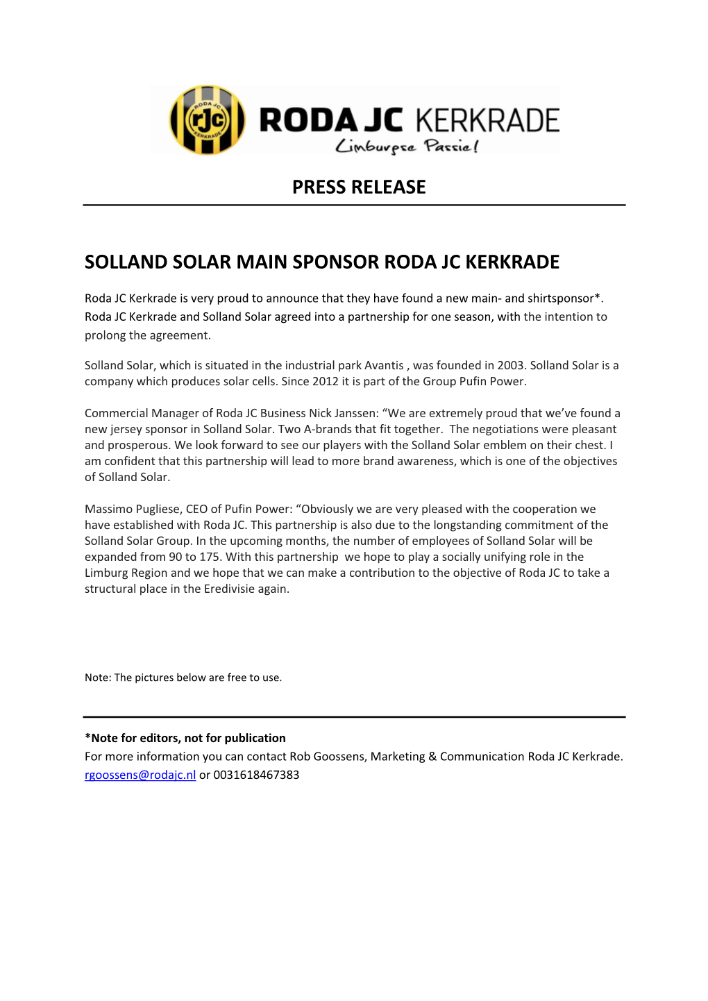 Press Release Solland Solar Main Sponsor Roda Jc