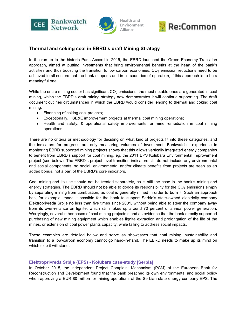 Thermal and Coking Coal in EBRD's Draft Mining Strategy