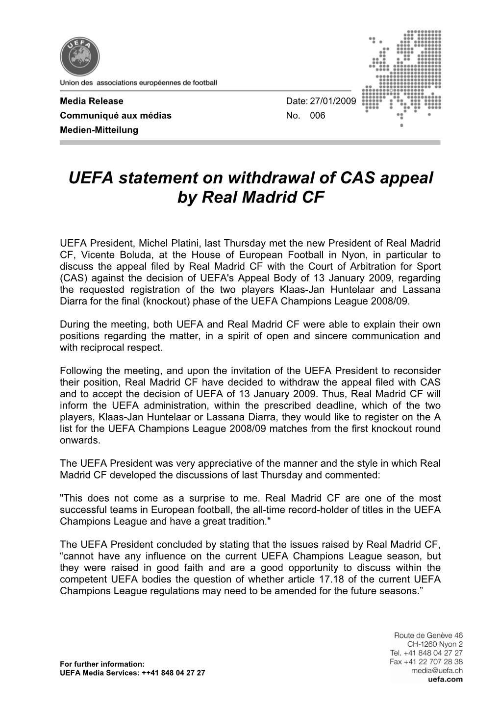 006: UEFA Statement on Withdrawal of CAS Appeal by Real Madrid CF