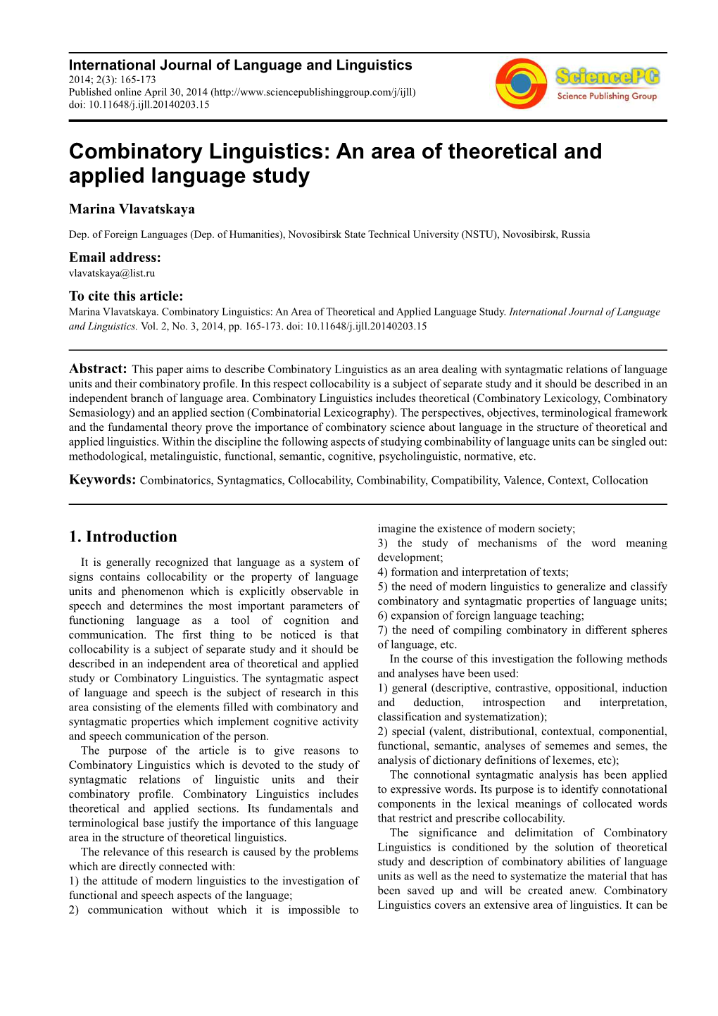 Combinatory Linguistics: an Area of Theoretical and Applied Language Study