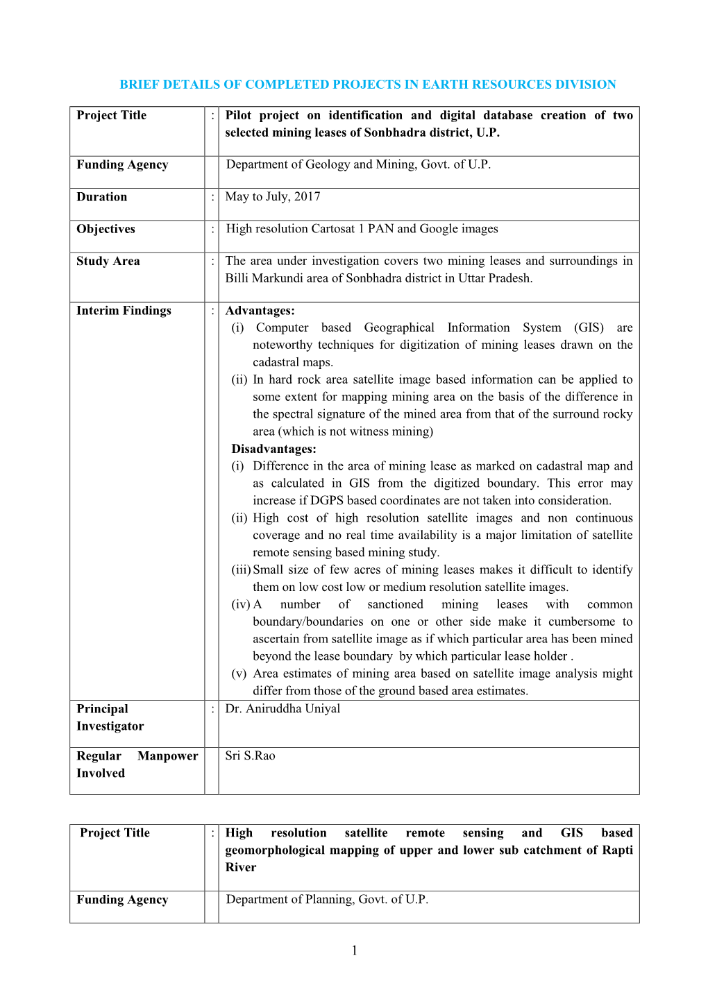 Pilot Project on Identification and Digital Database Creation of Two Selected Mining Leases of Sonbhadra District, U.P