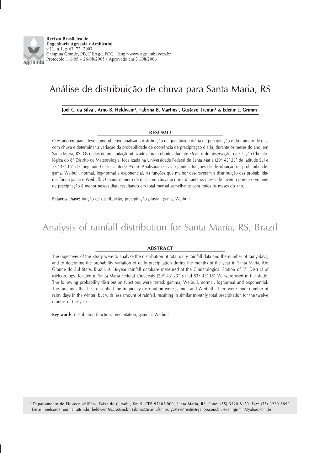 Análise De Distribuição De Chuva Para Santa Maria, RS Analysis of Rainfall