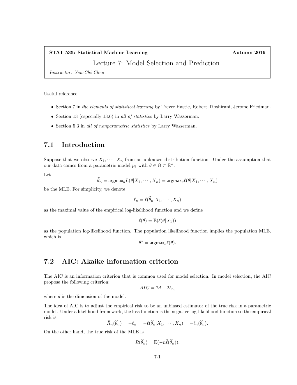 Lecture 7: Model Selection and Prediction 7.1 Introduction 7.2 AIC