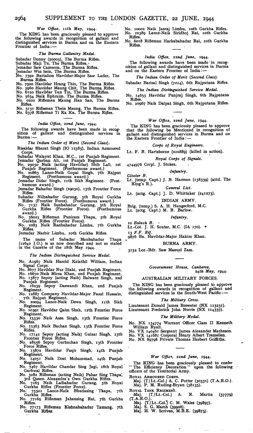 2964 Supplement to the London Gazette, 22 June, 1944