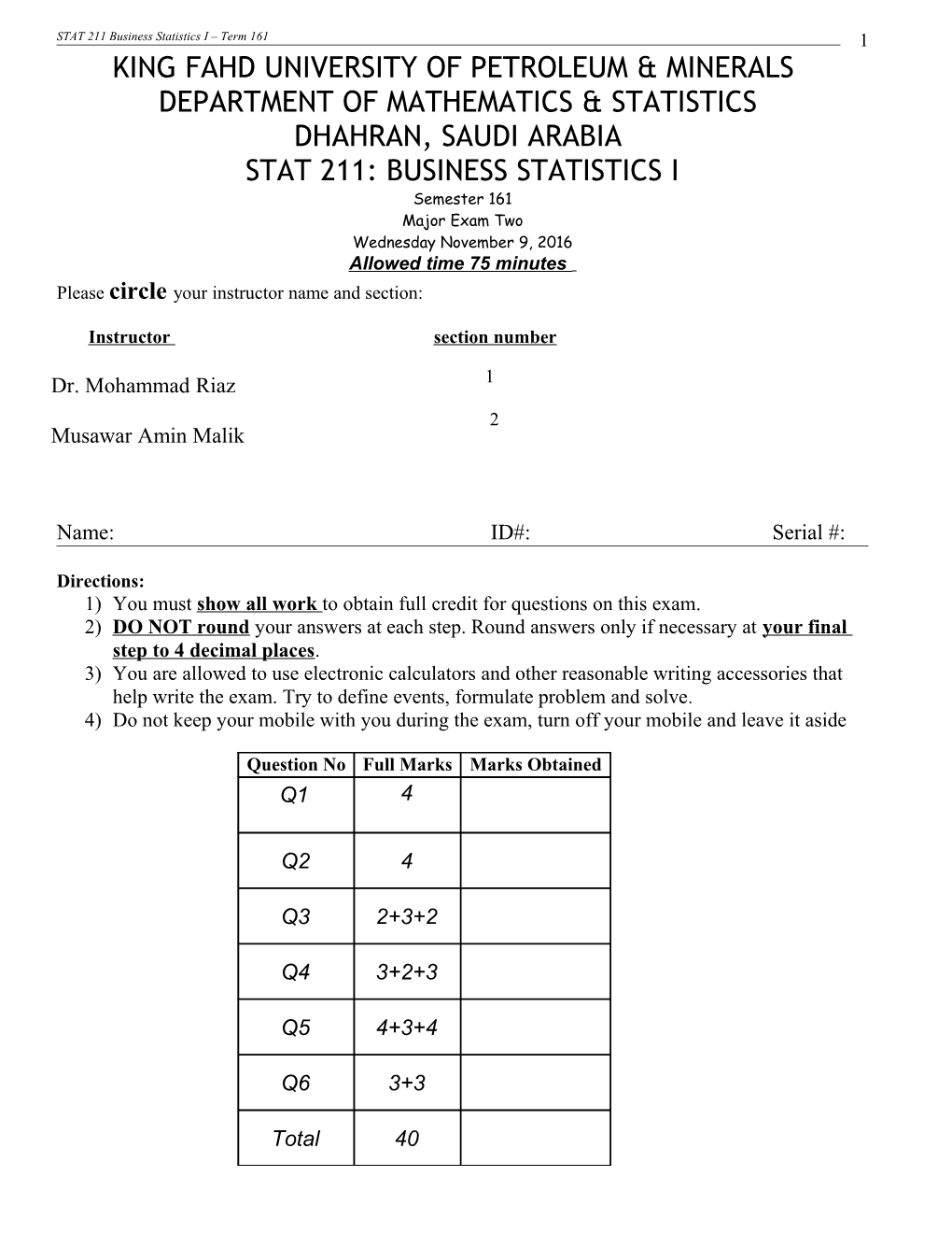 STAT 211 Business Statistics I Term 161