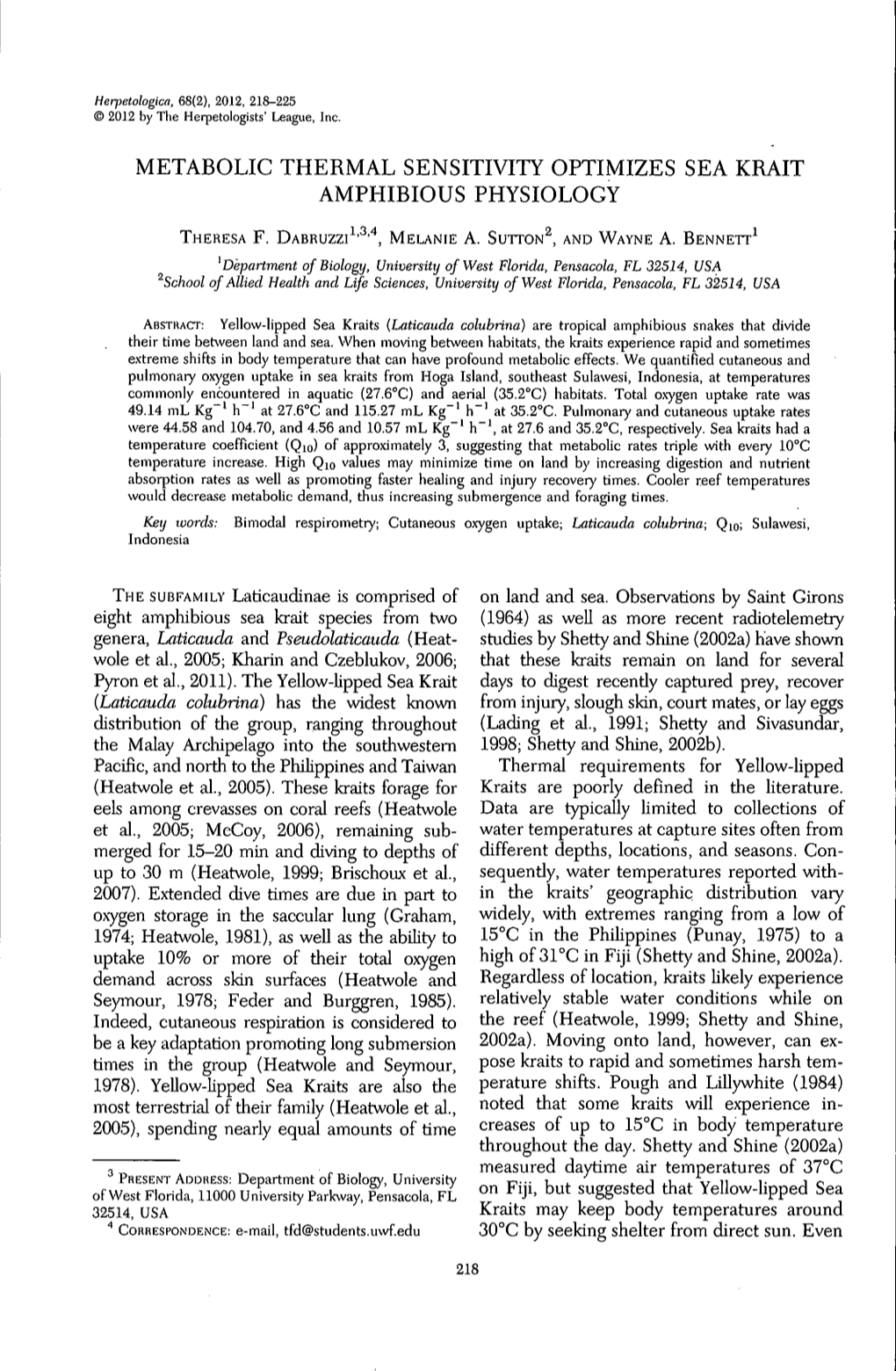 Metabolic Thermal Sensitivity Optimizes Sea Krait Amphibious Physiology