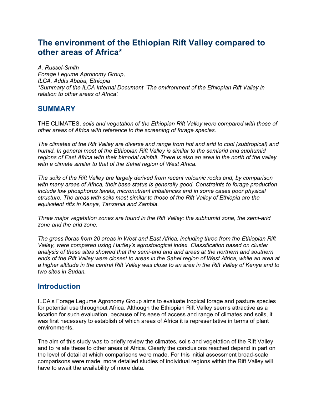 The Environment of the Ethiopian Rift Valley Compared to Other Areas of Africa*