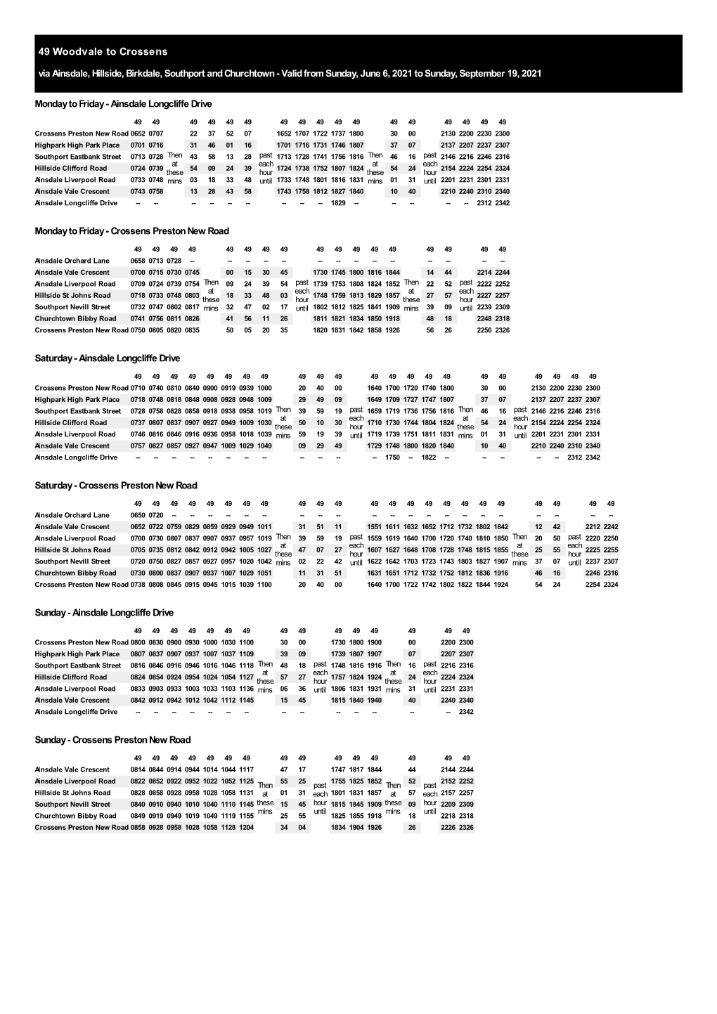 49 Woodvale to Crossens Via Ainsdale, Hillside, Birkdale, Southport and Churchtown - Valid from Sunday, June 6, 2021 to Sunday, September 19, 2021