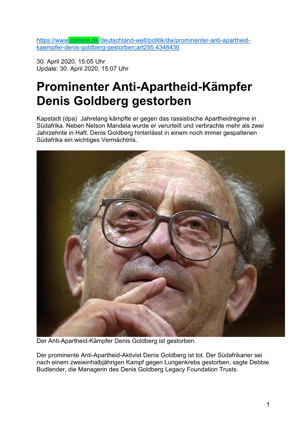 Prominenter Anti-Apartheid-Kämpfer Denis Goldberg Gestorben