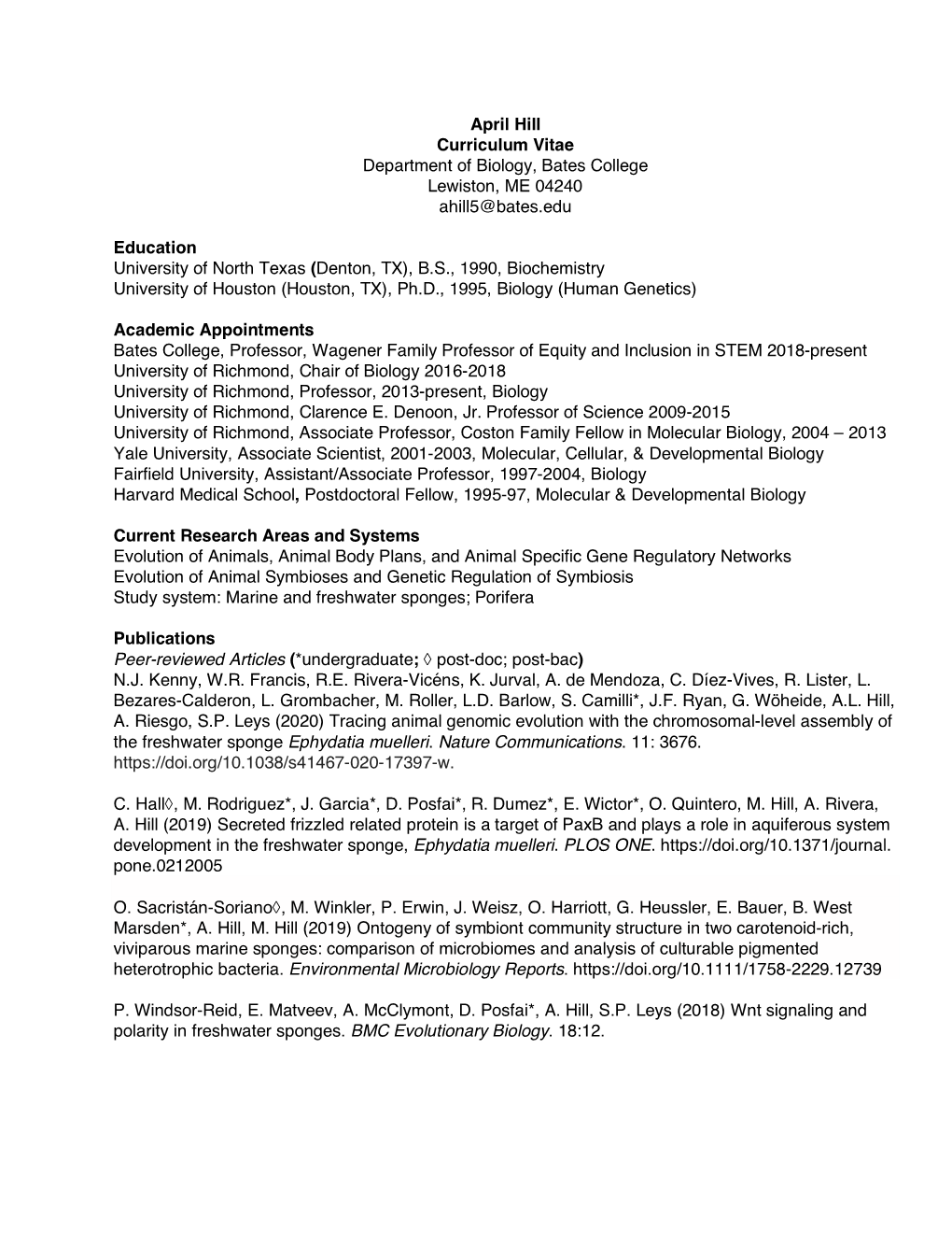 April Hill Curriculum Vitae Department of Biology, Bates College Lewiston, ME 04240 Ahill5@Bates.Edu