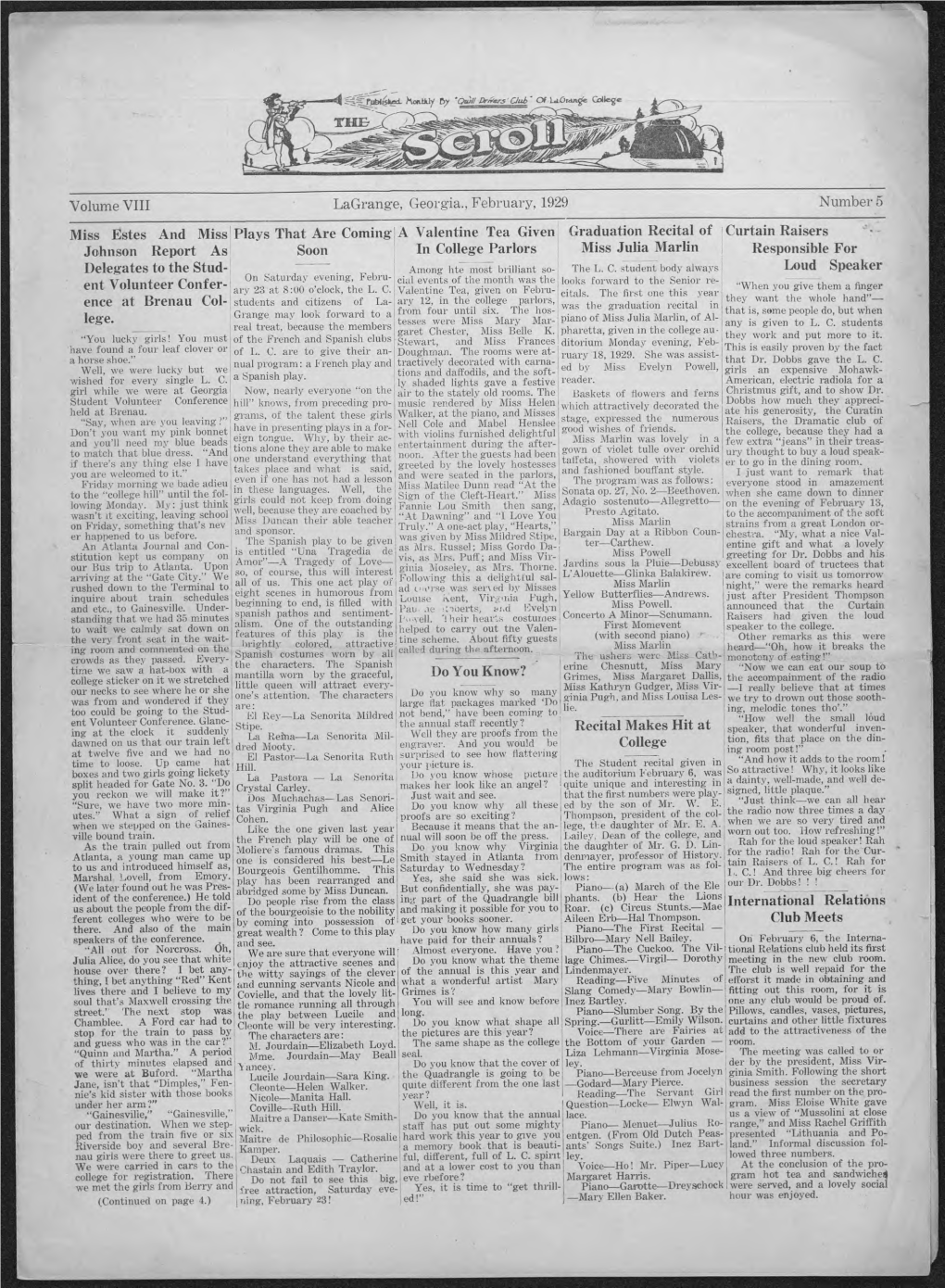 Volume VIII Lagrange, Georgia., February, 1929 Number 5 Miss