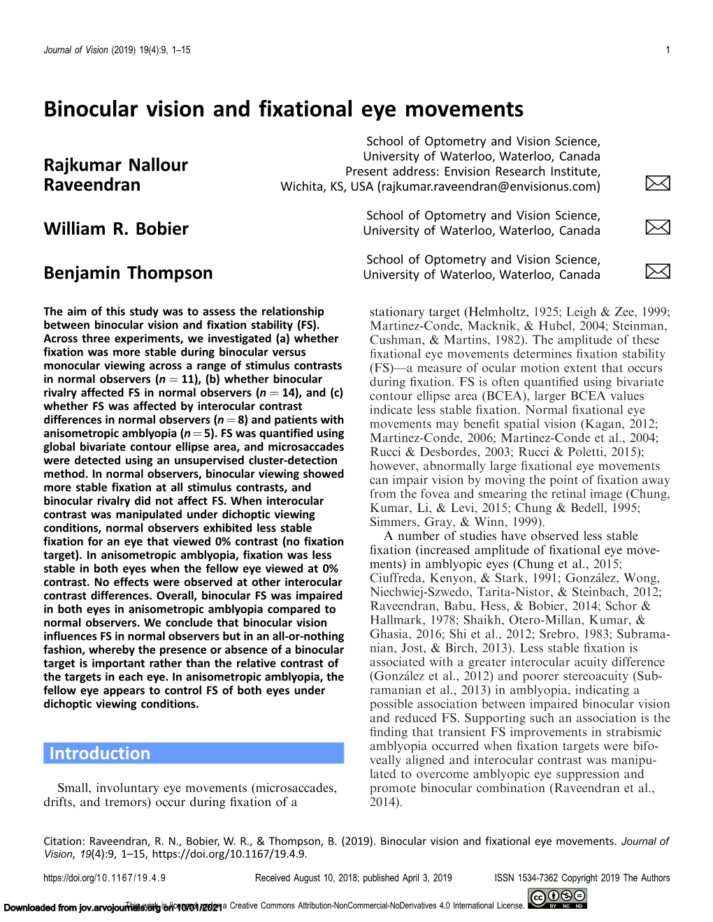Binocular Vision and Fixational Eye Movements