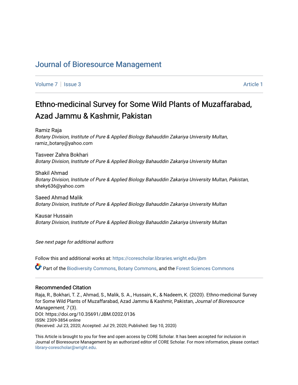 Ethno-Medicinal Survey for Some Wild Plants of Muzaffarabad, Azad Jammu & Kashmir, Pakistan