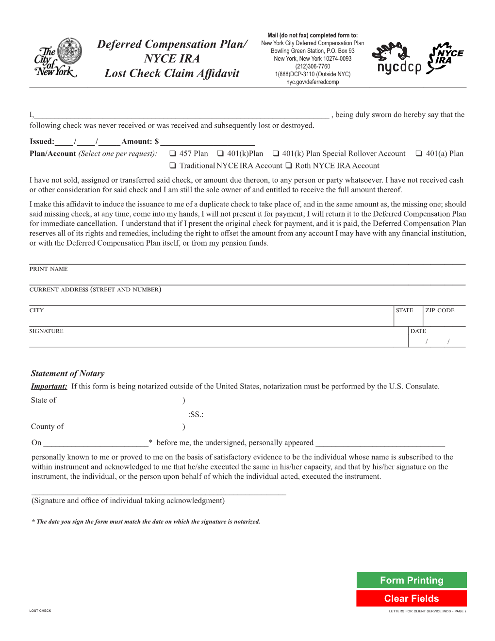 Deferred Compensation Plan/ NYCE IRA Lost Check Claim Affidavit