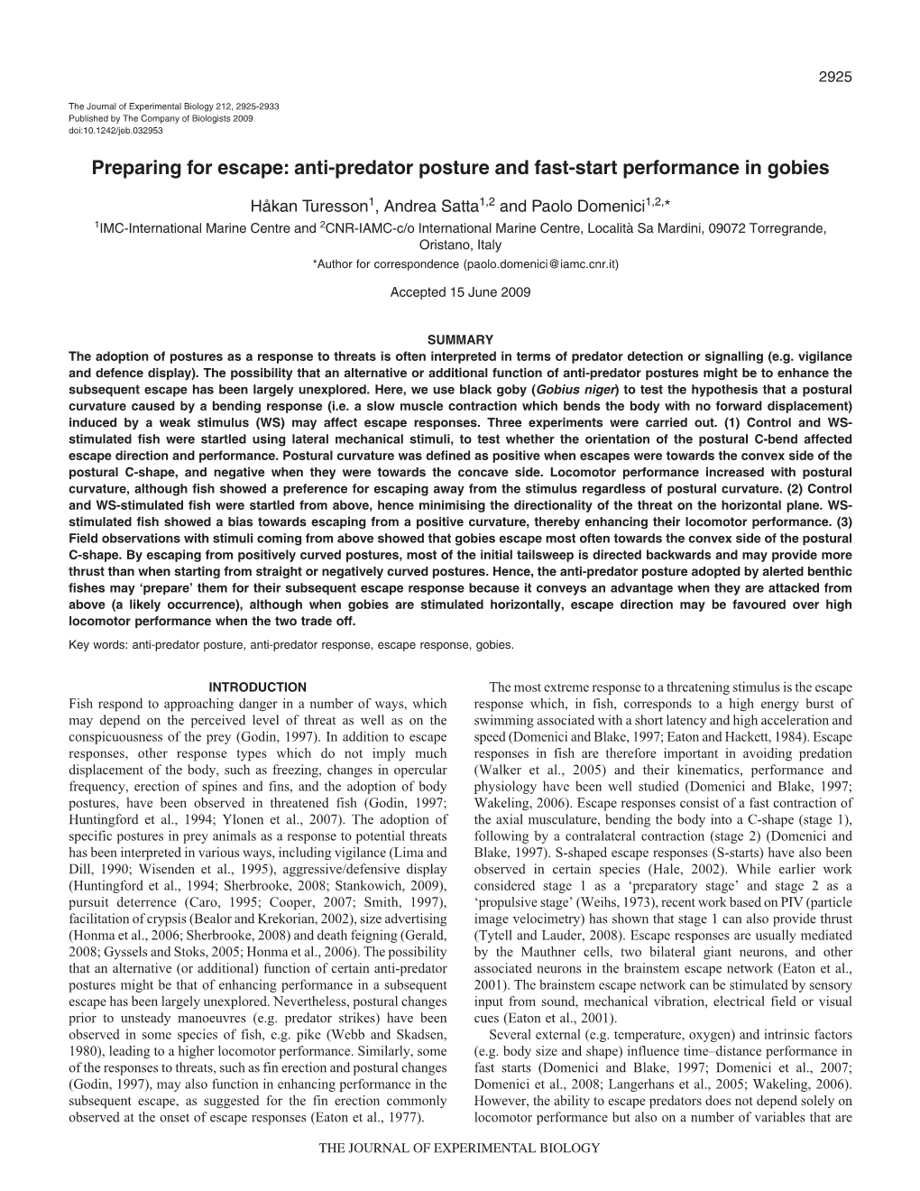 Anti-Predator Posture and Fast-Start Performance in Gobies