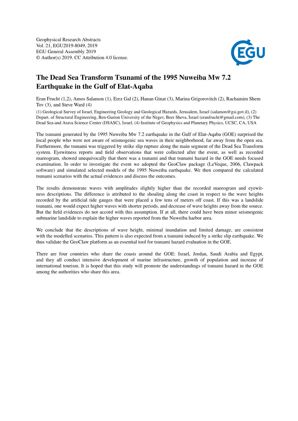 The Dead Sea Transform Tsunami of the 1995 Nuweiba Mw 7.2 Earthquake in the Gulf of Elat-Aqaba