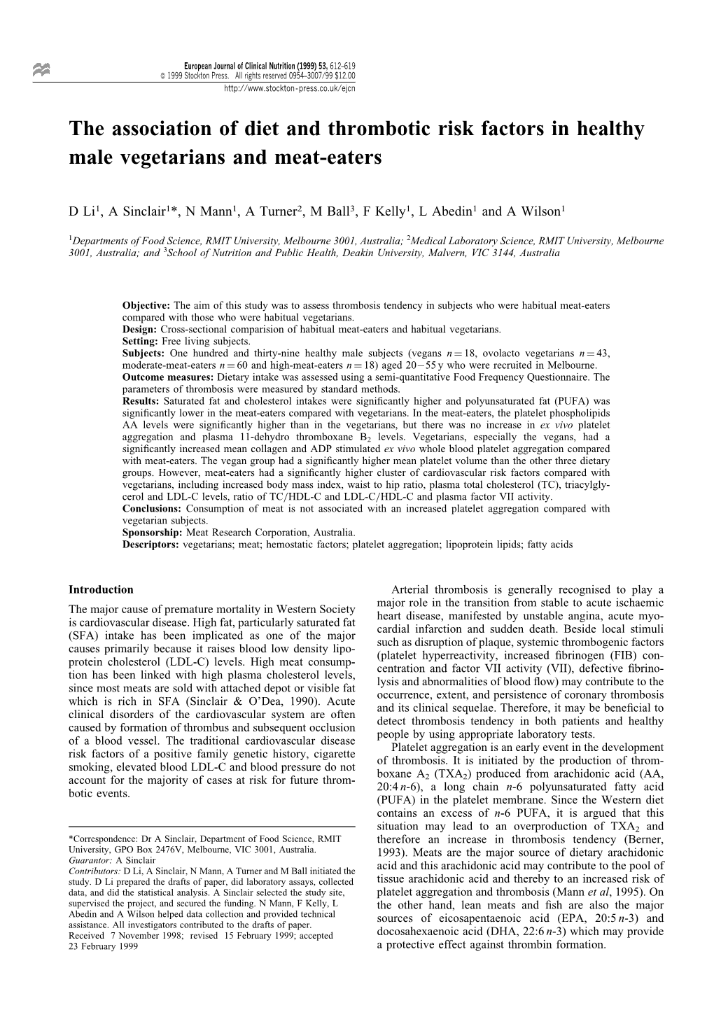 The Association of Diet and Thrombotic Risk Factors in Healthy Male Vegetarians and Meat-Eaters