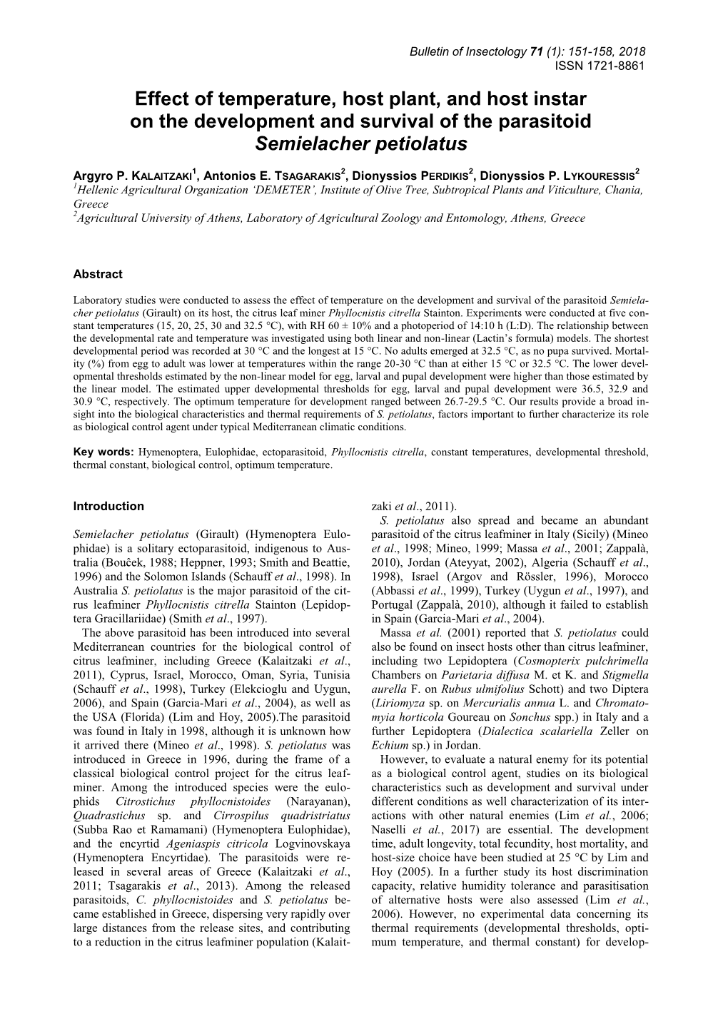 Effect of Temperature, Host Plant, and Host Instar on the Development and Survival of the Parasitoid Semielacher Petiolatus