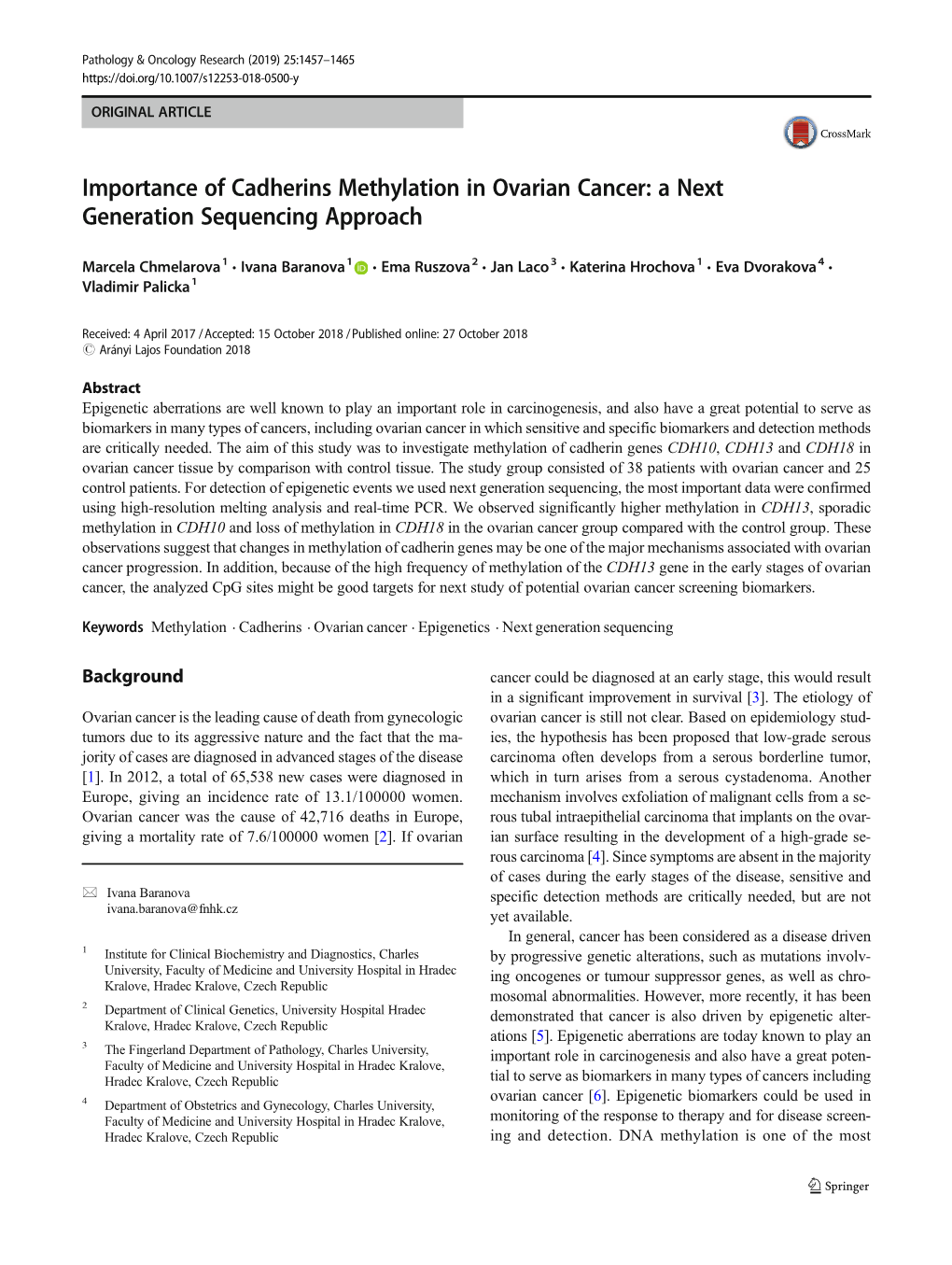 Importance of Cadherins Methylation in Ovarian Cancer: a Next Generation Sequencing Approach