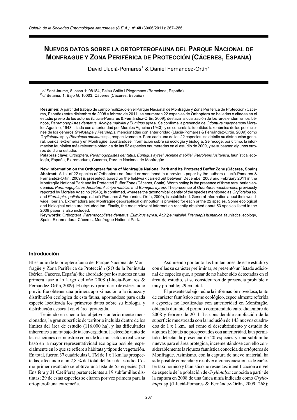 Nuevos Datos Sobre La Ortopterofauna Del Parque Nacional De Monfragüe Y Zona Periférica De Protección (Cáceres, España)