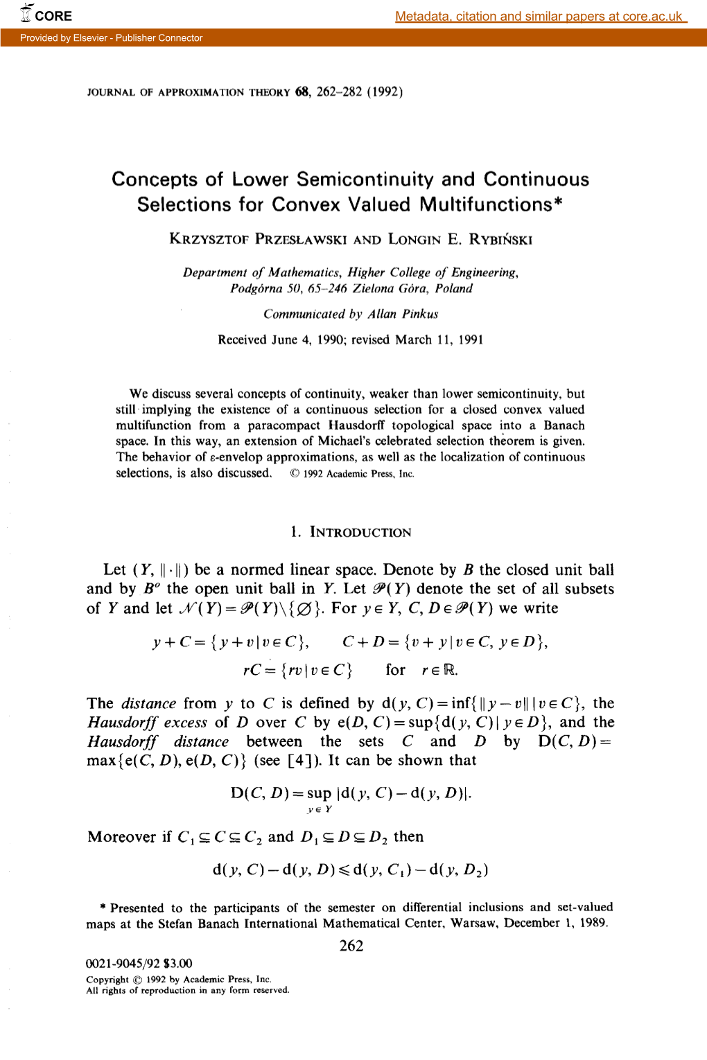 Concepts of Lower Semicontinuity and Continuous Selections for Convex Valued Multifunctions*