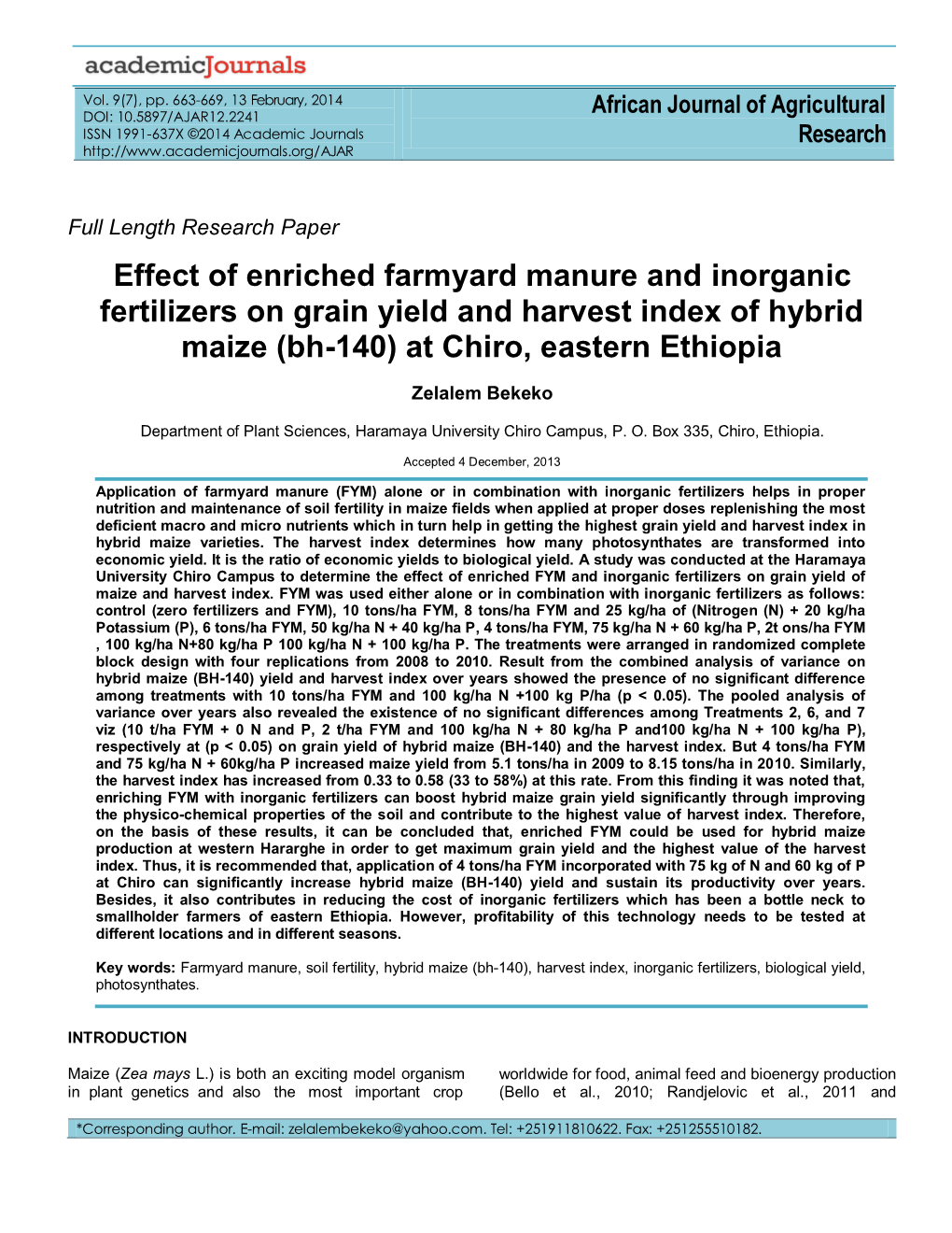 Effect of Enriched Farmyard Manure and Inorganic Fertilizers on Grain Yield and Harvest Index of Hybrid Maize (Bh-140) at Chiro, Eastern Ethiopia