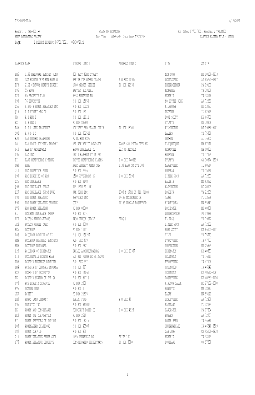 TPL Carrier Code Report