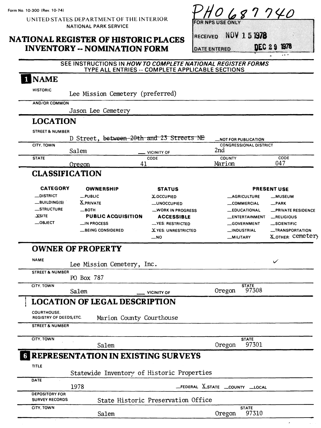 National Register of Historic Places Inventory -- Nomination Form