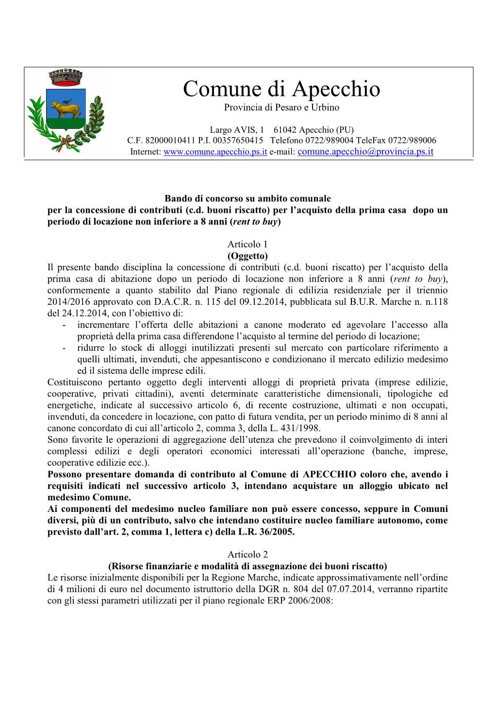 Comune Di Apecchio Provincia Di Pesaro E Urbino