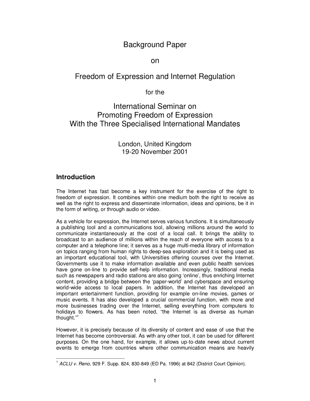 Background Paper on Freedom of Expression and Internet Regulation