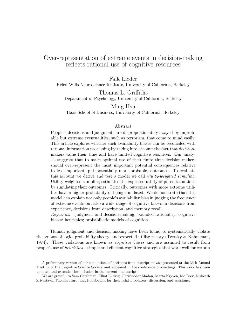 Over-Representation of Extreme Events in Decision-Making Reflects Rational Use of Cognitive Resources