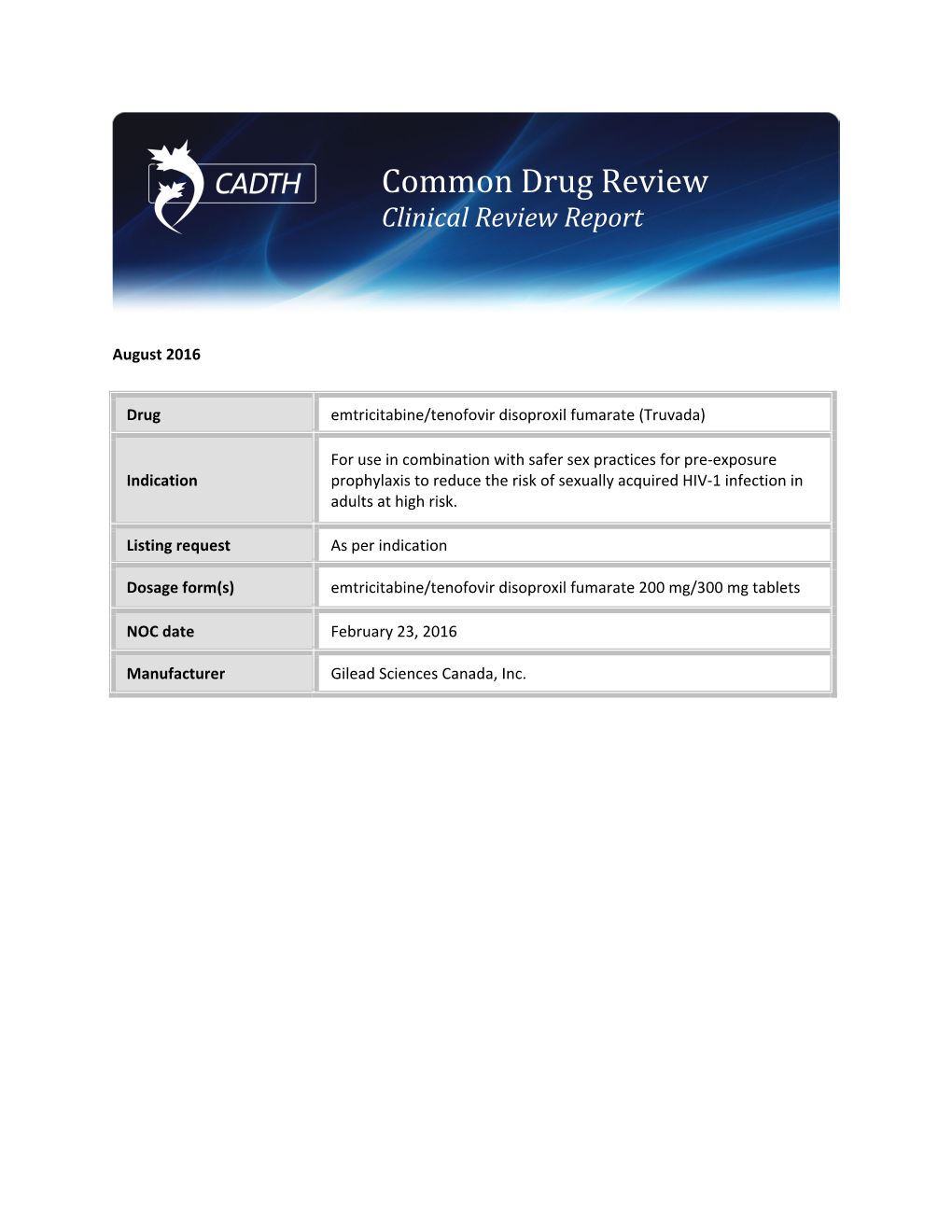 Cdr Clinical Review Report for Truvada