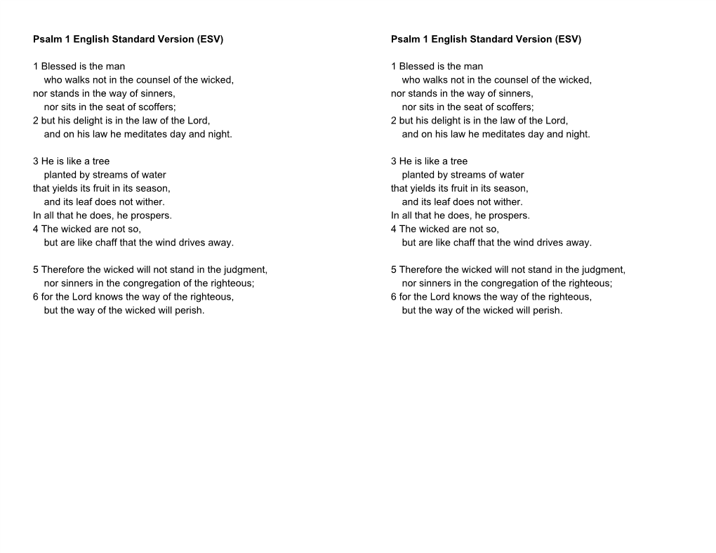 Psalm 1 English Standard Version (ESV) 1 Blessed Is the Man Who Walks Not in the Counsel of the Wicked, Nor Stands in the Way Of