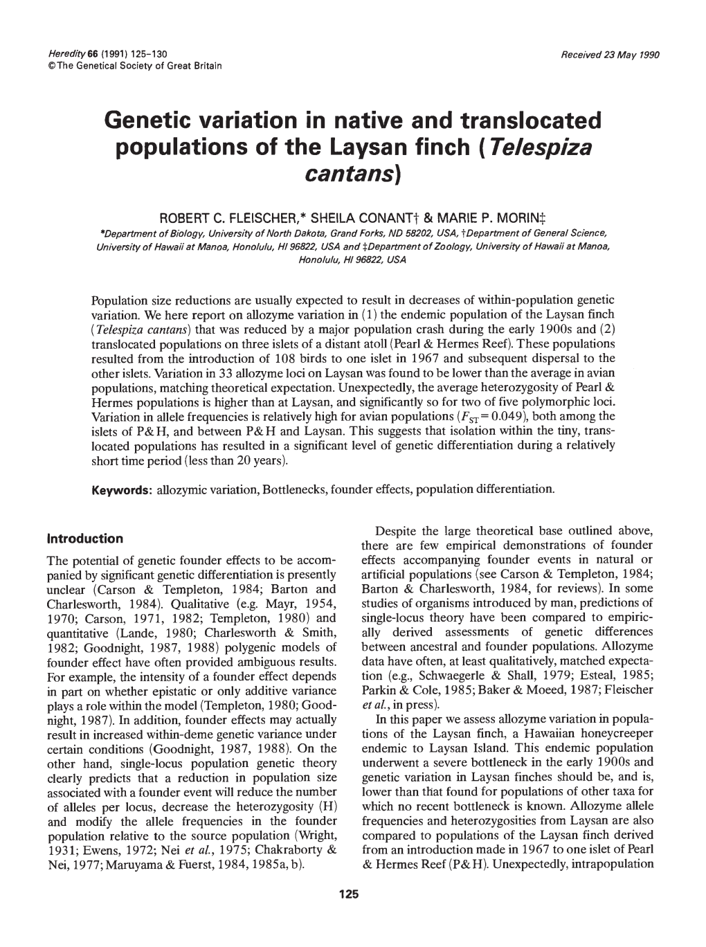 Genetic Variation in Native and Translocated Populations of the Laysan Finch (Telespiza Can Tans)