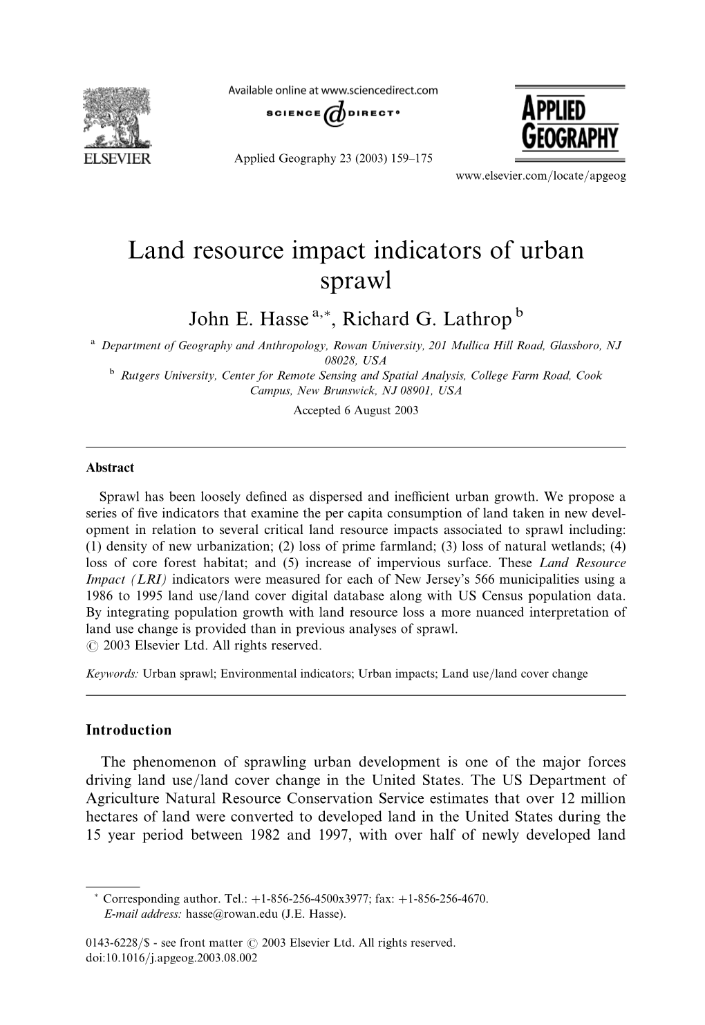 Land Resource Impact Indicators of Urban Sprawl John E