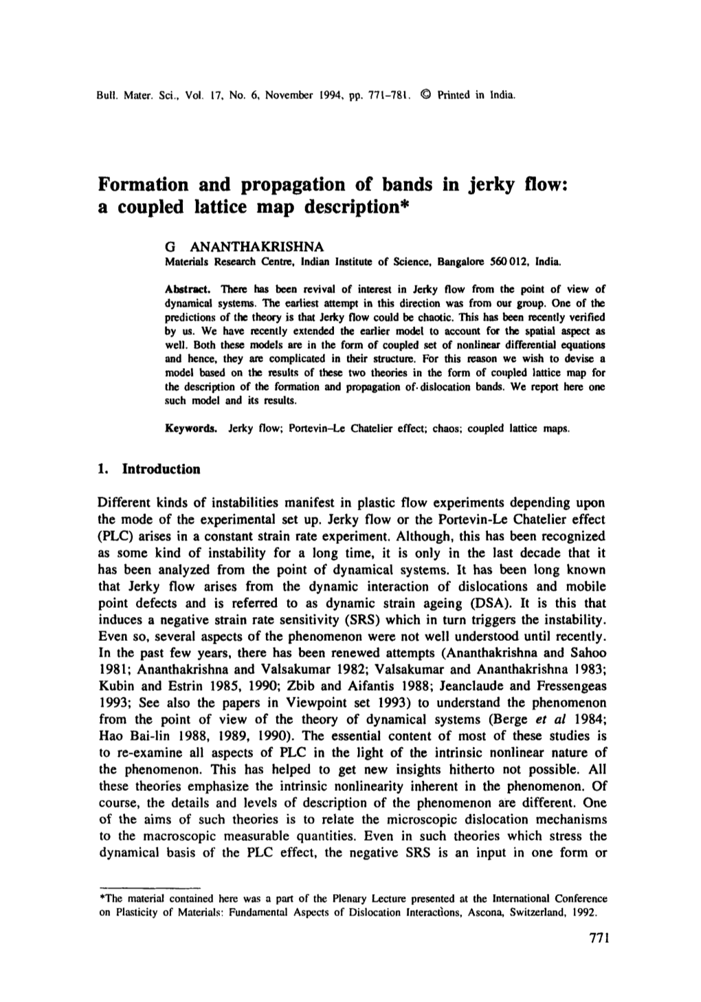 Formation and Propagation of Bands in Jerky Flow: a Coupled Lattice Map Description*