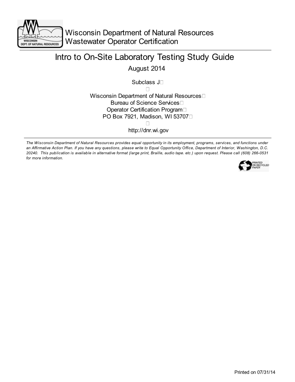 Intro to On-Site Laboratory Testing Study Guide August 2014