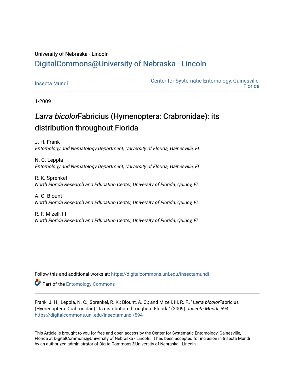 Larra Bicolorfabricius (Hymenoptera: Crabronidae): Its Distribution Throughout Florida