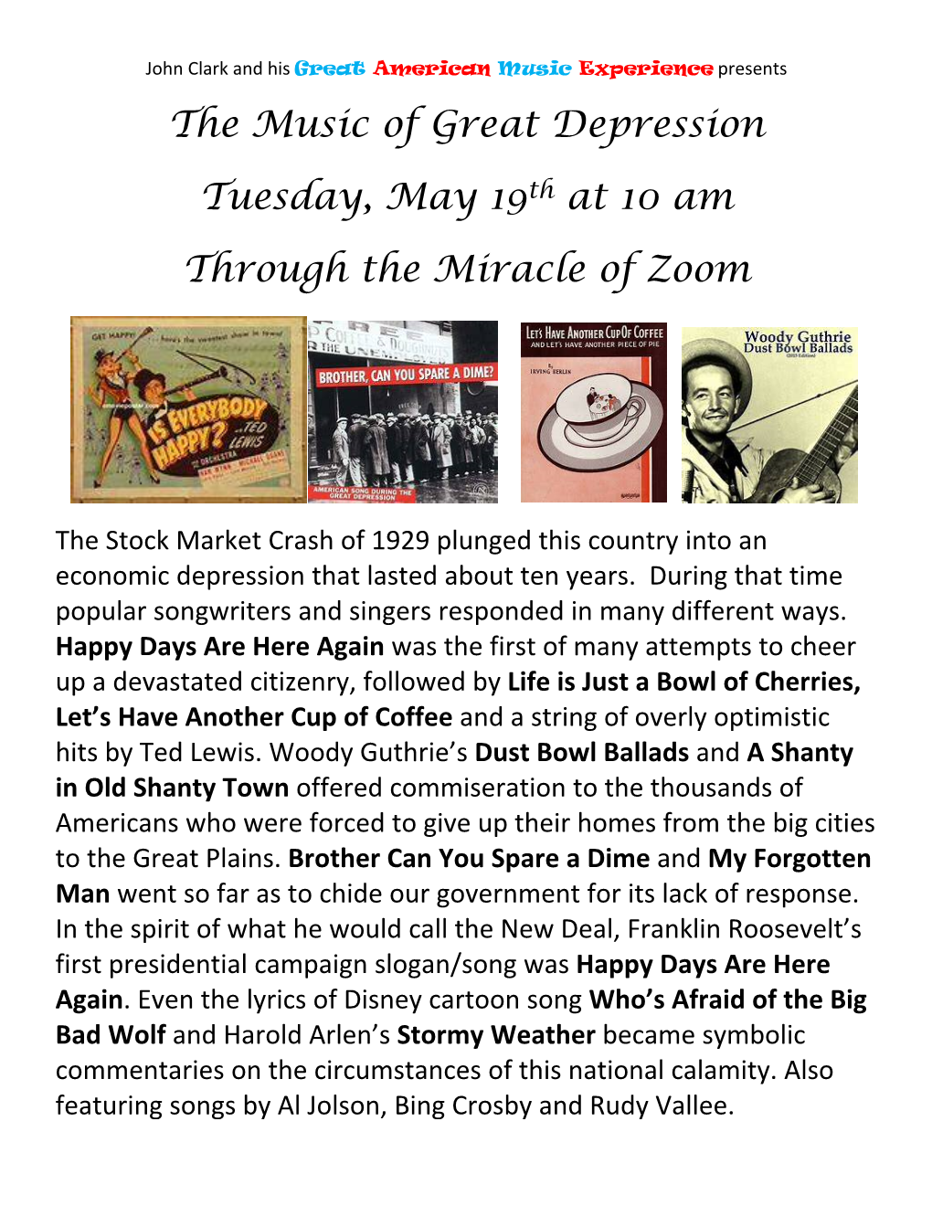 The Music of Great Depression Tuesday, May 19Th at 10 Am