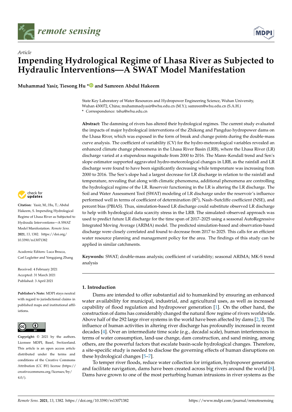 Impending Hydrological Regime of Lhasa River As Subjected to Hydraulic Interventions—A SWAT Model Manifestation