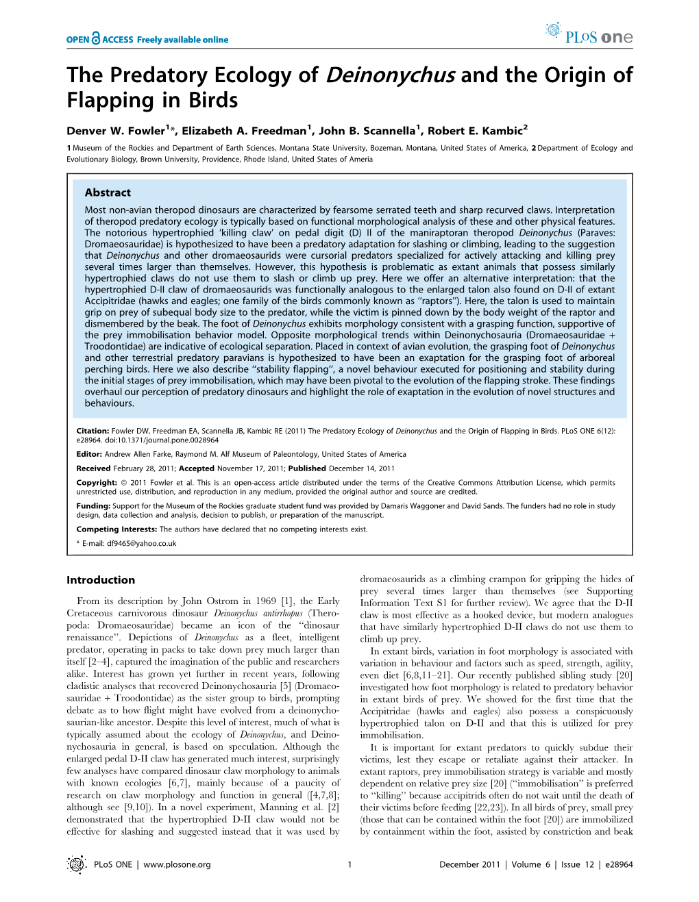 The Predatory Ecology of Deinonychus and the Origin of Flapping in Birds