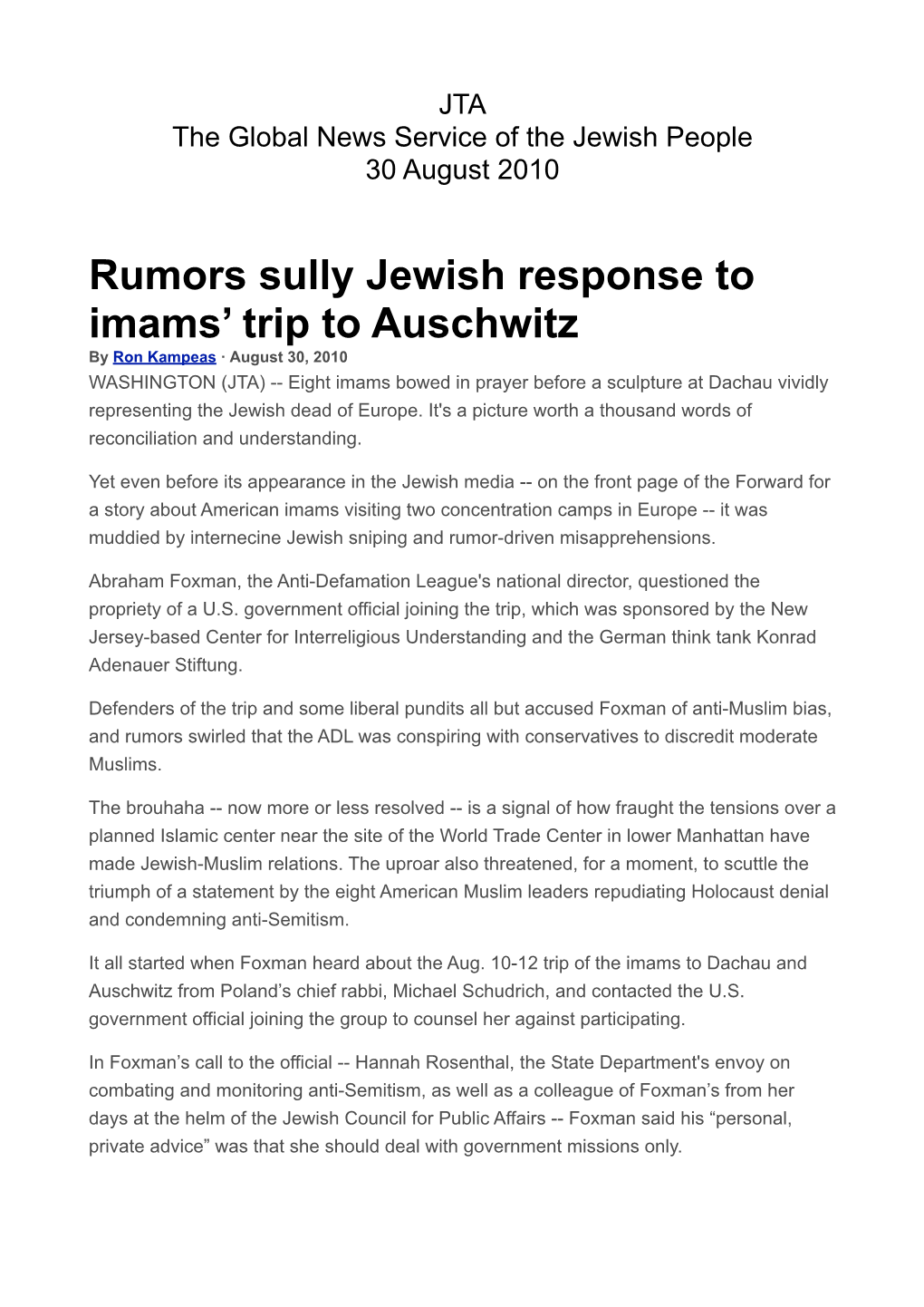 Rumors Sully Jewish Response to Imams' Trip to Auschwitz