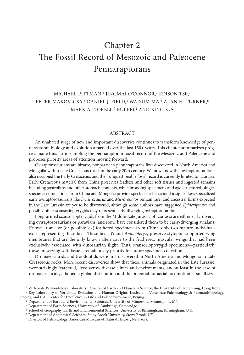 Chapter 2 the Fossil Record of Mesozoic and Paleocene Pennaraptorans